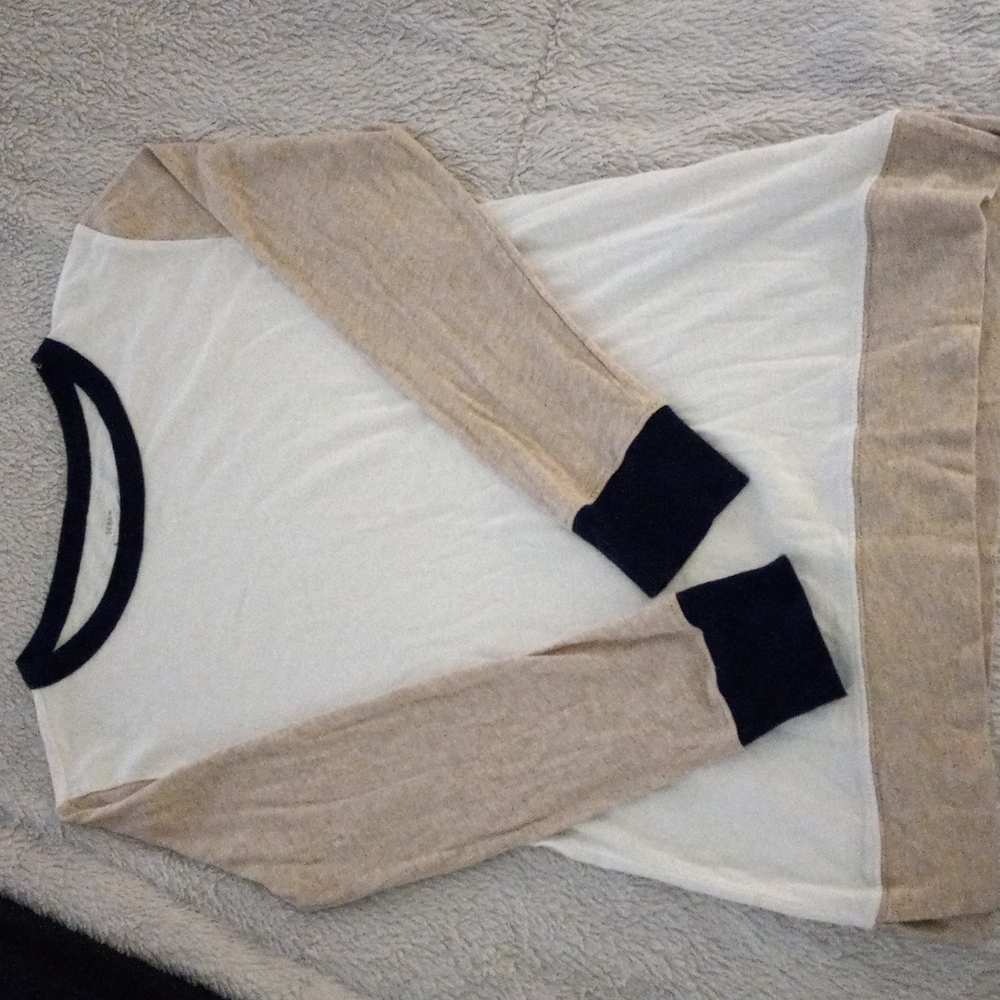 J. Crew: Artist T (tan, navy blue, and white long sleeve tee)
